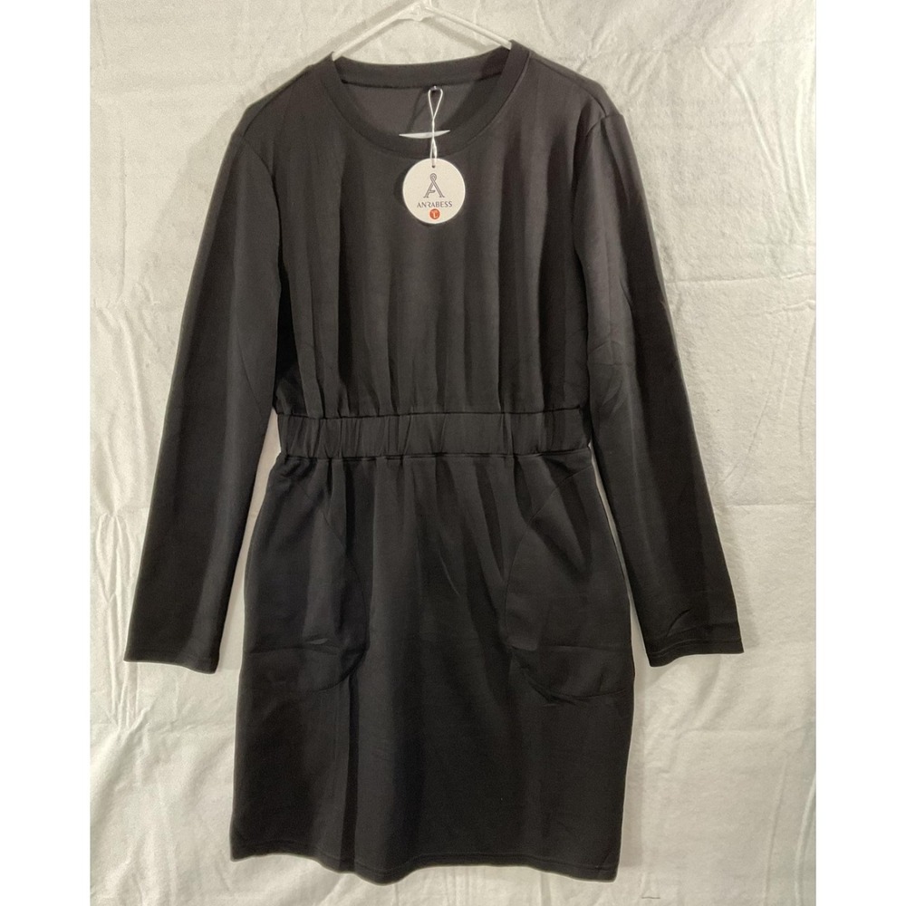 ANRABESS Sweater Dress Womens Large Black Long Sleeve Crew Neck Pockets New